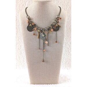 Boho Statement Necklace‎ Bronze Chain Discs Amber Beads Layered Dangle Jewelry
